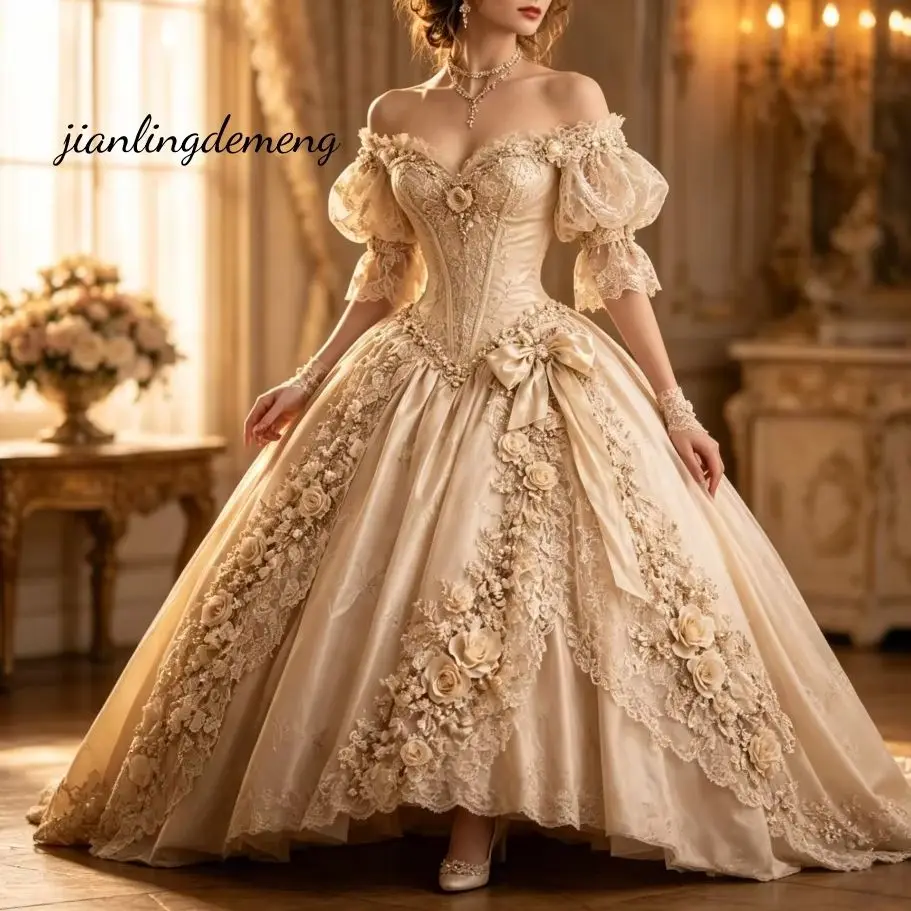 Victorian Vintage Champagne Satin Wedding Dress Off Shoulder Puff Sleeve Corset 3D Floral Lace Ball Gown Bridal Gown Customized