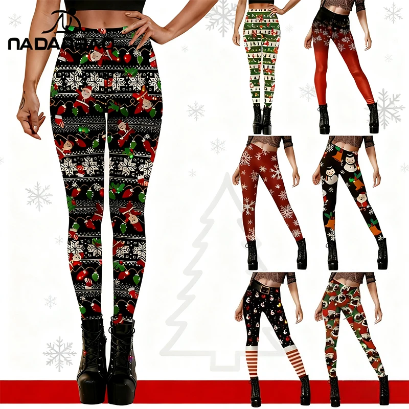 

Nadanbao Women Santa Claus Xmas Tree Pattern Leggings Snowflake Print Red Christmas Pants Workout Yoga Bottoms Casual Streetwear