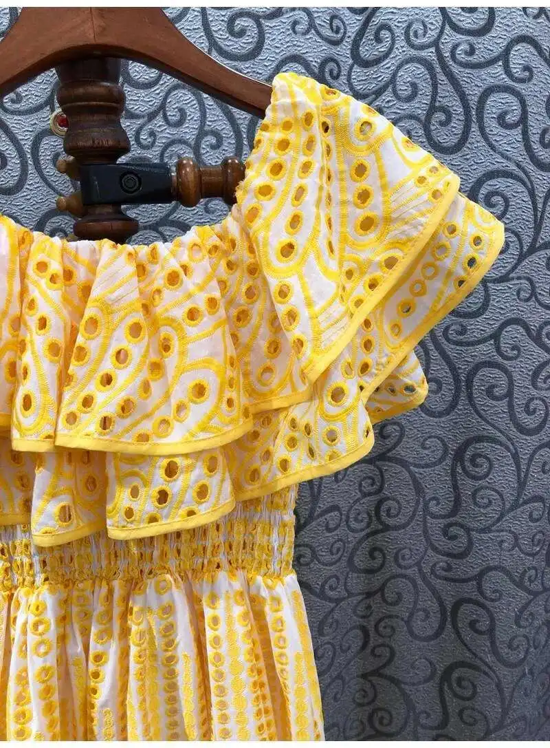 2025 우아한 코튼 자수 숏 드레스 여성용 슬래시 넥 러플 반팔 홀 아웃 여름 미디 비치 드레스