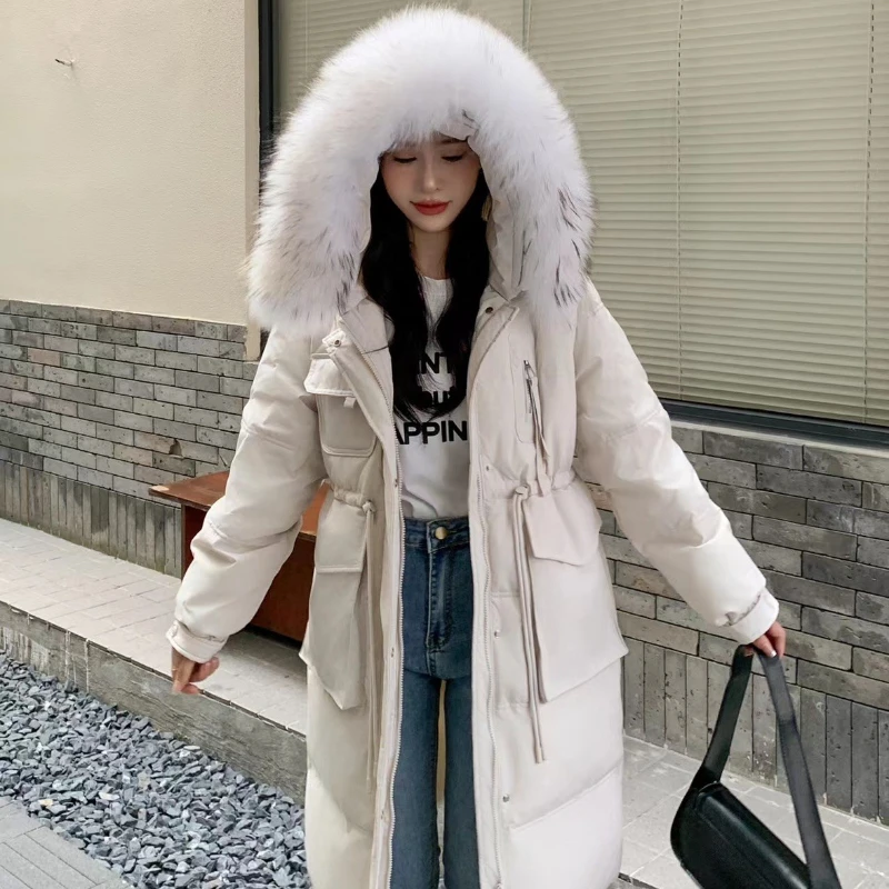 Women\'s Long Knee-length Down Jacket Waisted Hooded Large Hair Collar Warm Coat 90% White Duck Down Temperament Leisure Parka