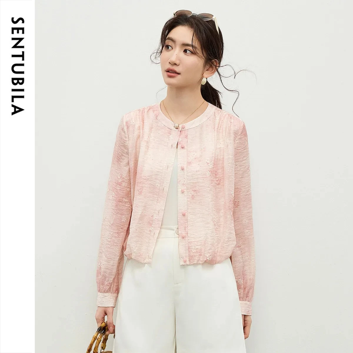 SENTUBILA Women Lyocell Printed Cropped Blouse 2026 Spring Summer Round Neck Long Sleeve Lightweight Casual Shirt 161CA5960