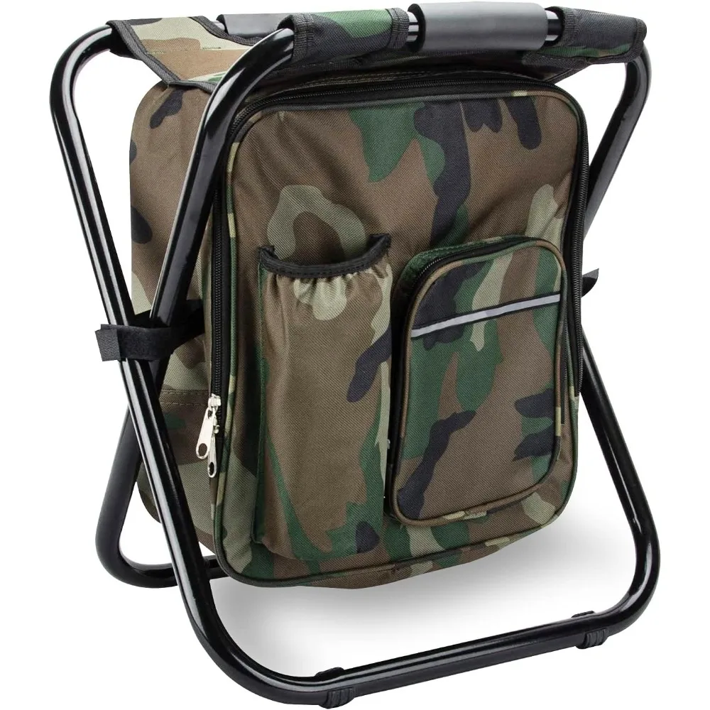 

Kikerike Folding Stool Backpack Insulated Cooler Bag, Collapsible Camping Hunting Fishing Multifunction Chair with Front Pocket