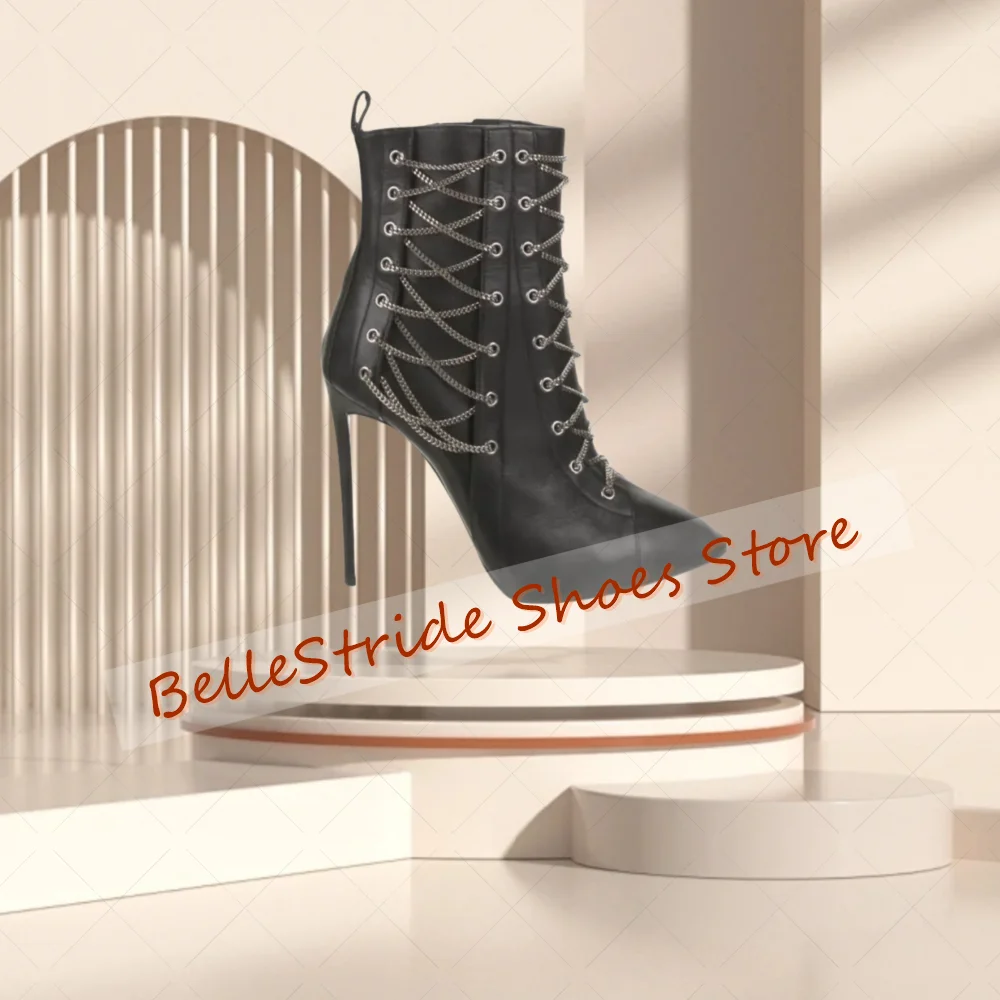 

Black Chain Decor Side Zipper Boots Pointed Toe Women Shoes Stilettos High Heels Party Banquet Dating 2025 Zapatos Para Mujere