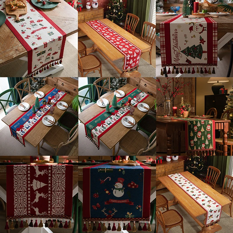 Christmas Yarn-Dyed Jacquard Table Runner Christmas Deer Gift Christmas Hat Tassel Table Flag Bucket Cabinet TV Cabinet Cover