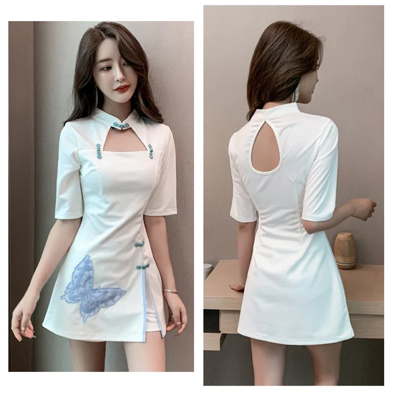 Foot Bath Working Clothes Hotel Overalls Manicurist Uniform Spa Massage Technician Costume Cheongsam Style Embroidered Dress