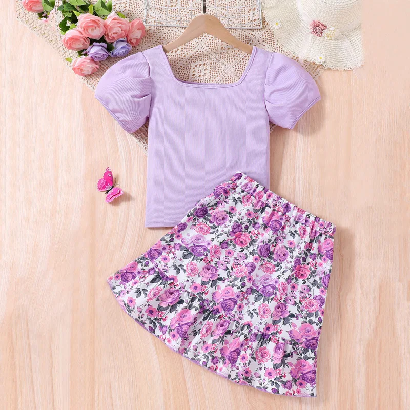 Kids Casual Clothing Sets Outfits for Girls Summer New Children Fashion Purple Floral Print T-shirts Tops Short Skirts 7-14Y