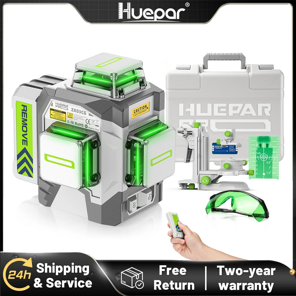 Huepar High Accuracy 3D Laser Level Professional 12 Lines Self Leveling Green Beam Cross Line Laser Tool &8000mAh Li-ion Battery