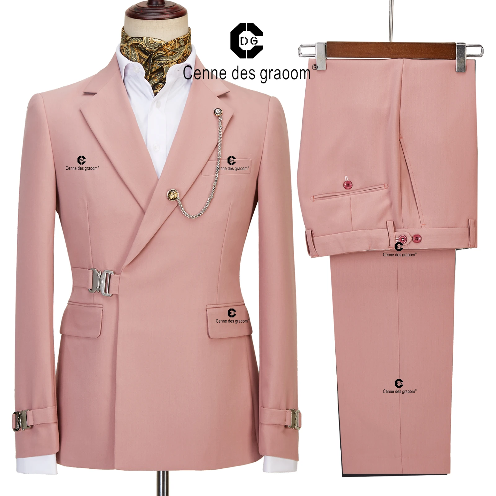 Cenne Des Graoom 2022 New Coat Design Dapper Style Metal Side Release Buckle Pink Men Suits 2 Pieces Set Dinner Wedding Party