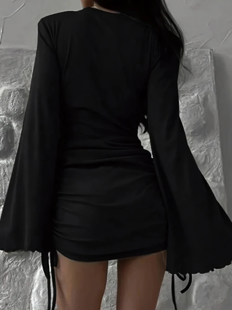 Sexy Mini Black Dress Flare Long Sleeve Design Chic Drawstring Pleated Mini Dress Female Elegant Streetwear Short Dresses