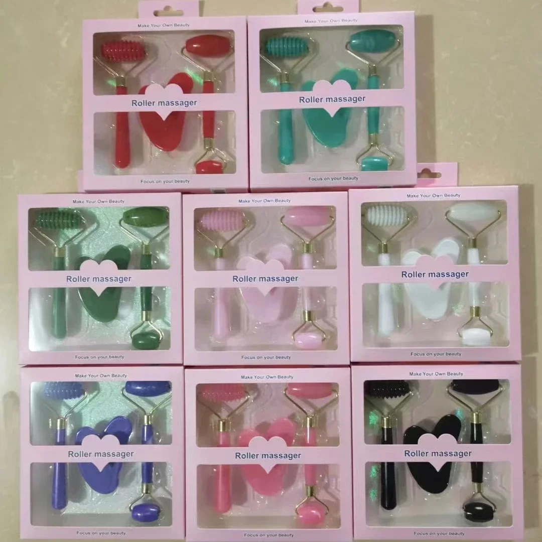 Hars Roller Massager voor Gezicht Lichaam Gua Sha Niet Jade Steen Gezichtsmassager Schoonheid Gezondheid Huidverzorging Tool 3-delige set
