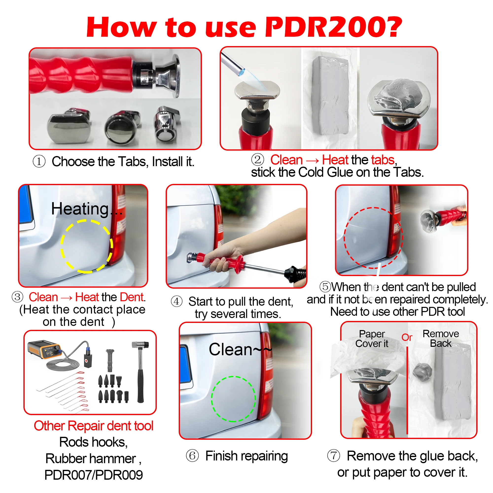 PDR200 Auto/Motor Car Dent Repair Kit Slide Hammer Dent Puller with Cold Glue Tab Paintless Dent Repair Tools