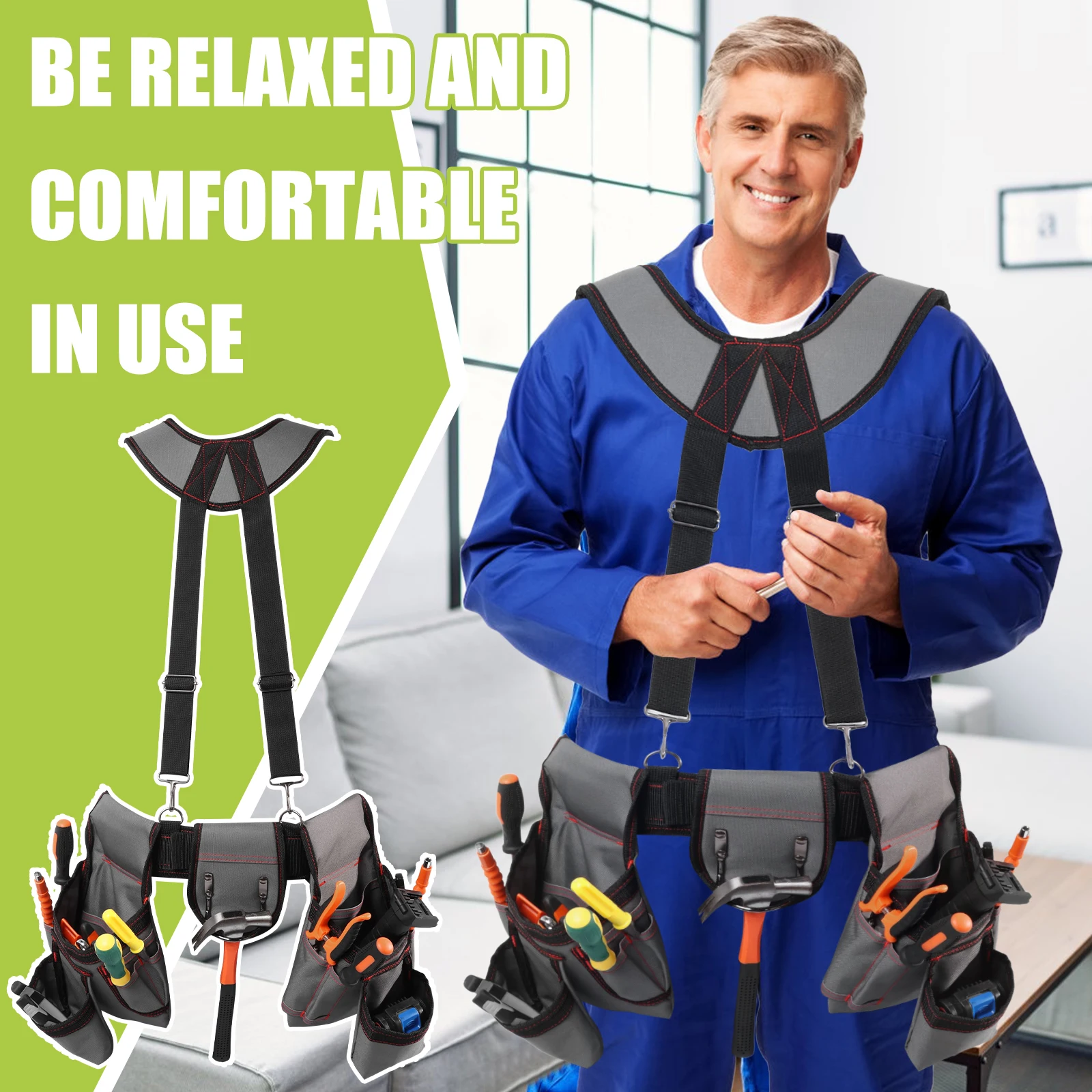 

Adjustable Waist and Sling Professional Tool Belt Detachable Large Capacity Tool Belt with Suspender for Electrician Carpenter