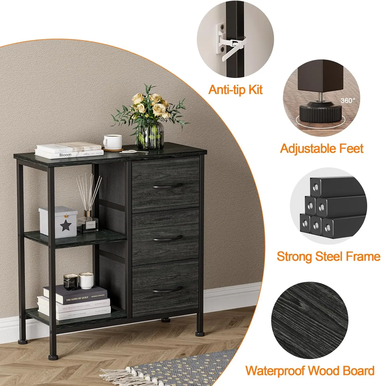 Cómoda de 3 cajones con estante lateral, organizador de tela para dormitorio, sala de estar y entrada, estantes ligeros de madera de roble negro