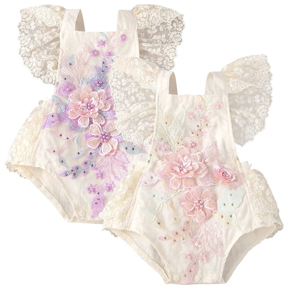 Baby Girls Pearl-Adorned Lace and Tulle Romper with Floral Embroidery Suitable Christenings and Family Gatherings Bodysuits