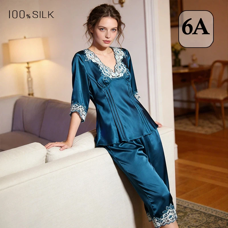 100% Mulberry Silk Pajamas Women 2026 Spring Summer Luxury Mid Sleeve Homewear Elegant Daily Outdoor Loungewear Set view 2
