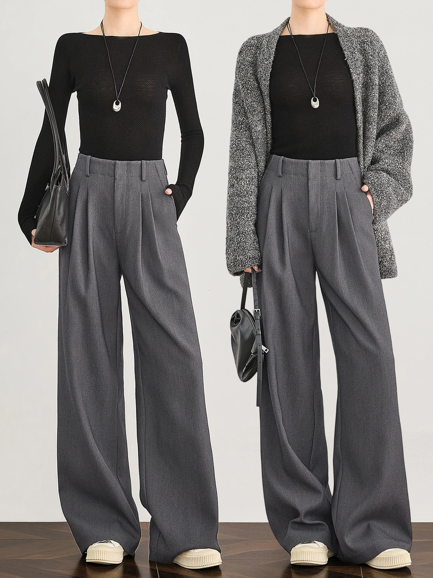 

TUMPUS Wool Wide Leg Pants Women's Thiened Winter Suit Pants High Waist Straight Cut Casual Trousers for Tall Women