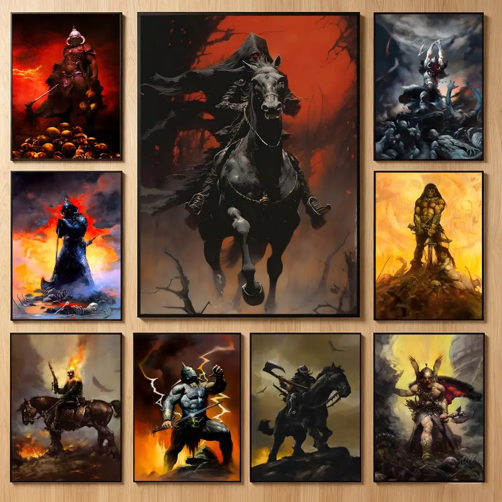 Fantasy Illustration F‑Frank Frazetta Poster Classic Self-Adhesive PP Wall Sticker for Living Room Bar Decor Gift