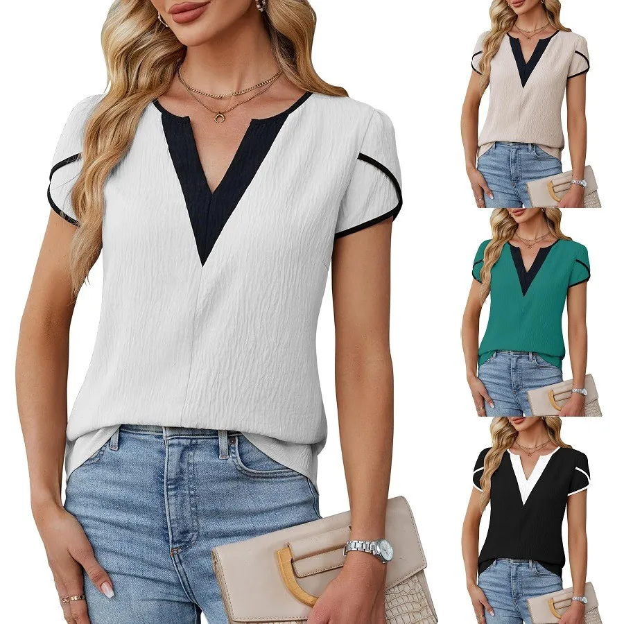 

Summer Blouse Woman V Neck Petal Sleeve Blouses Crinkle Fabric Contrast Trim Chiffon Blouse Black And White Loose Fit Top
