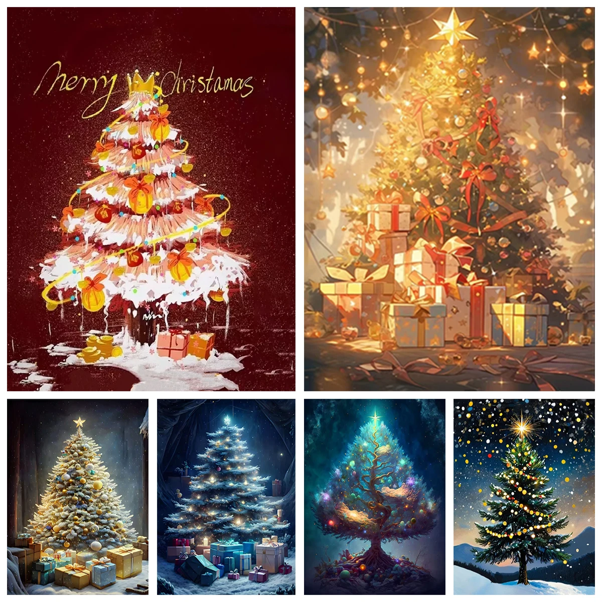 

Christmas Winter Festival Art Digital Oil Painting Family Friends Gathering Hand-painted Home Wall Decorat Gift Christmas Tree