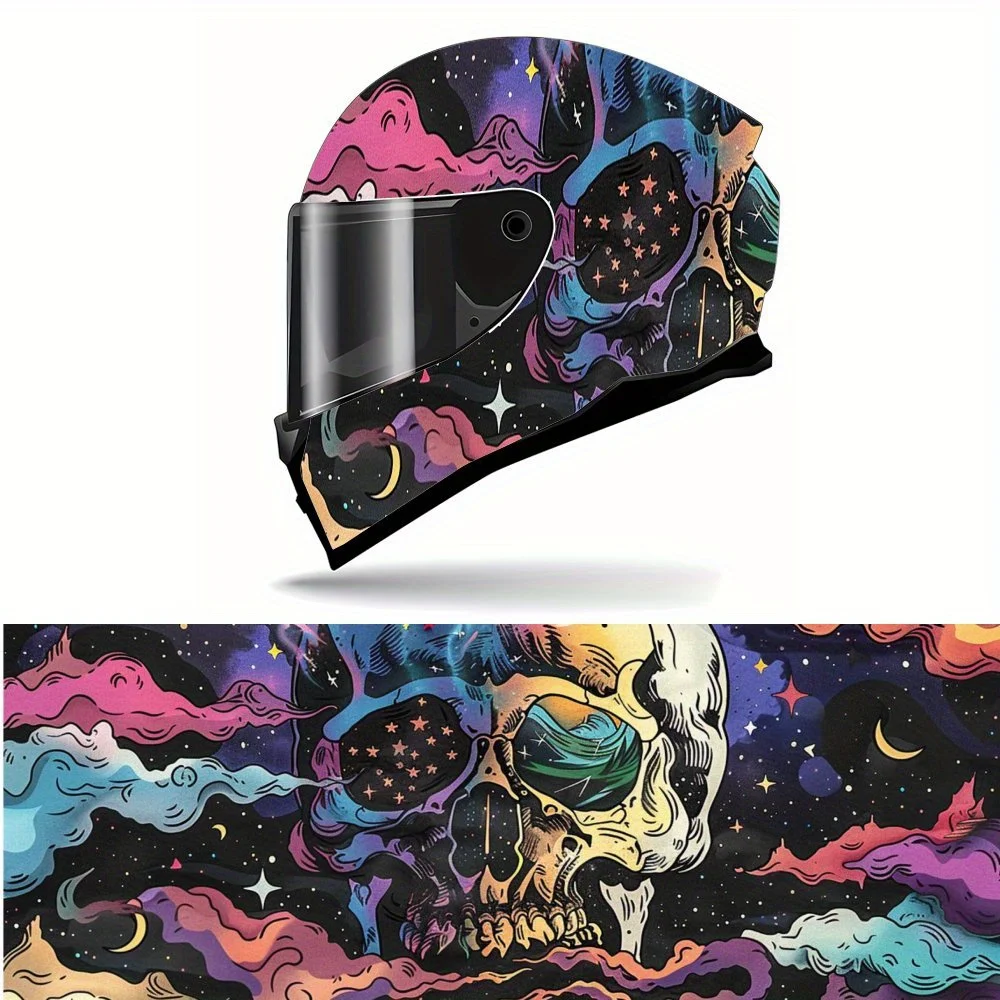

Gorgeous Magic Colored Starry Sky Skull Colorful Nebula Moon Stars Full Face Helmet Vinyl Wrap Sticker, Durable PVC Material, Ar