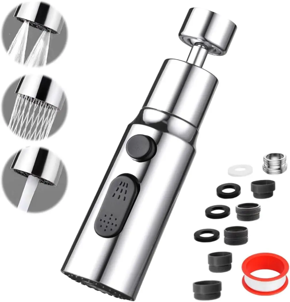 

3-Function Kitchen Faucet Aerator with Splash-Proof Spout, 360° Swivel Tap Extender for Sink Accessories