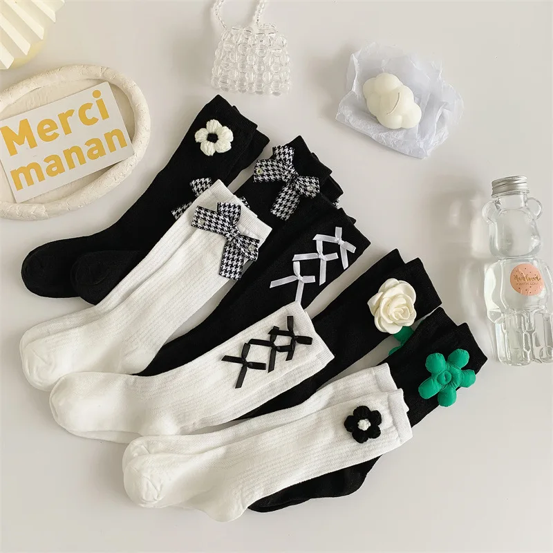 JK Lolita Girl Bows Socks Spring Summer Children Mid-Calf Sock Sweet Flower Princess Dress Calf Stockings Black White Footwear
