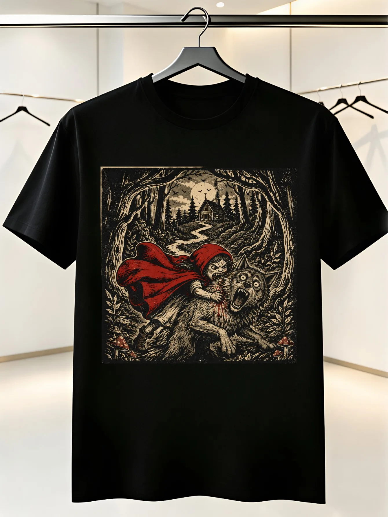 Men'S T-Shirt Red Hooded Fairy Tale Girl Fighting A Fierce Wolf in Dark Forest Vintage Etching Graphic Gothic Storybook Style