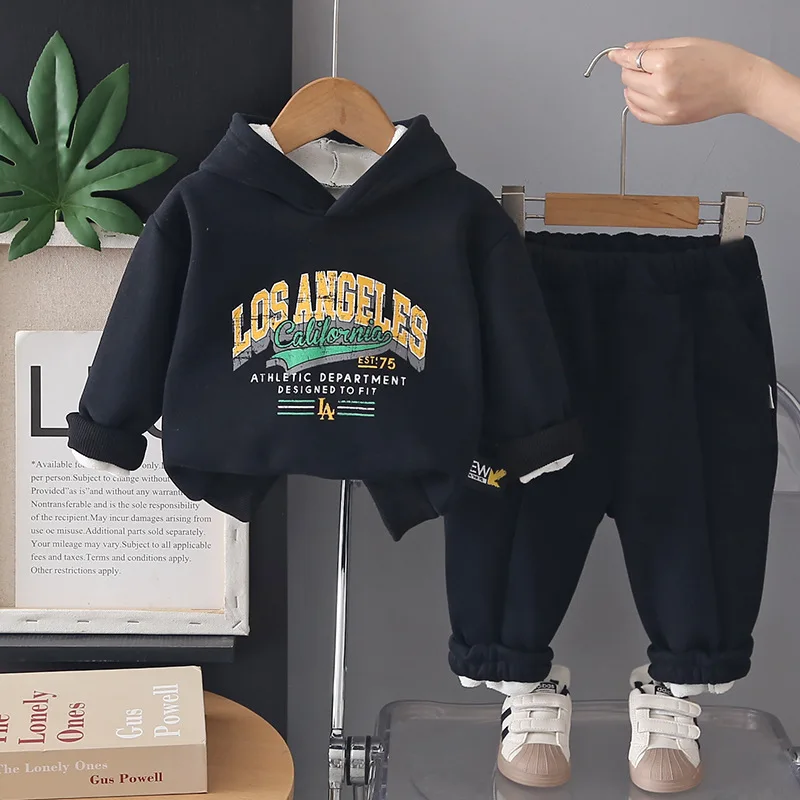 Boys Warm Clothes Sets Winter Children Thick Velvet Hoodies Coats Pants For Baby Sweatshirts Suit Kids Casual Outfits Kids 4 5Y