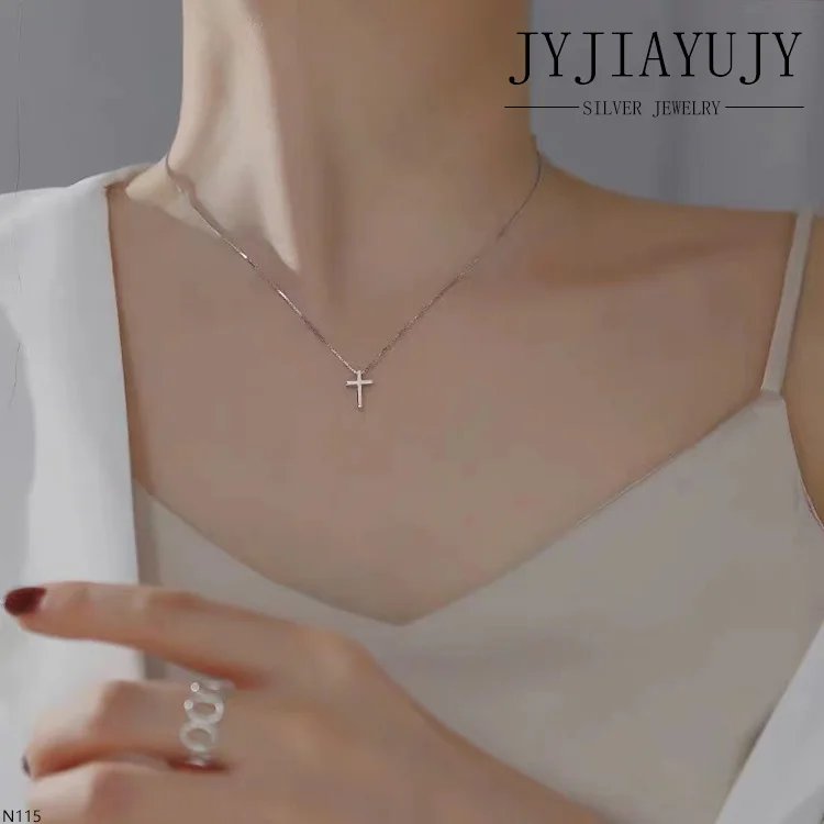 JYJIAYUJY 100% Sterling Silver S925 Necklace Smooth Surface Cross Shape Fashion Trendy Hypoallergenic Women Jewelry Gift N115