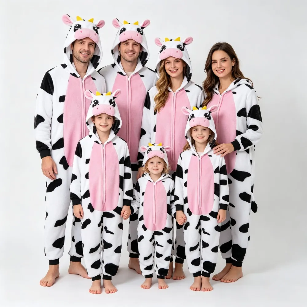 Mother&Kids Family Matching Pajamas Adults Boys Cow Unicorn Kigurumi Jumpsuits Winter Warm Flannel Family Look Cosplay Costumes