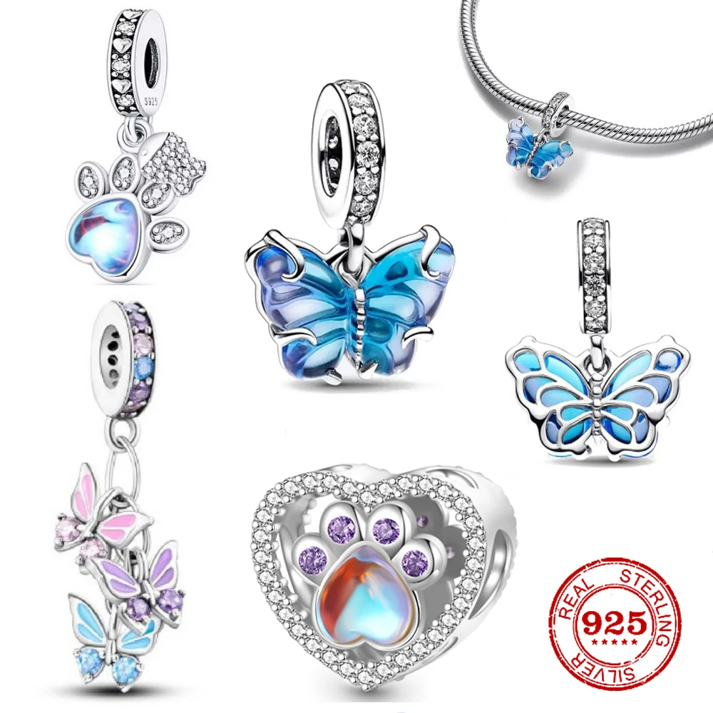 

2023New 925 Sterling Silver Blue butterfly paw prints Pendant Charm Bead fit Original Pandora Bracelet Trinket DIY Women Jewelry