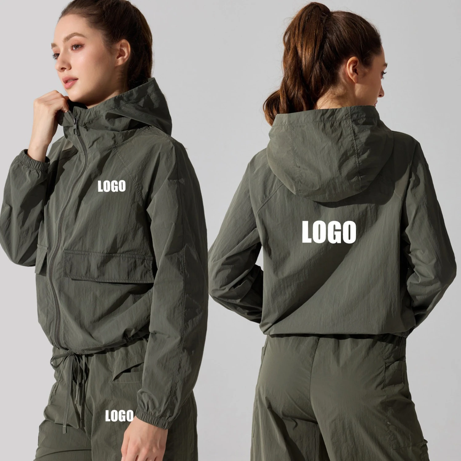 

Custom LOGO Women's Outdoor Windproof Mountaineering Jacket Fashion Casual Yoga Clothing Light Hooded Top Loose Sports Pants Set