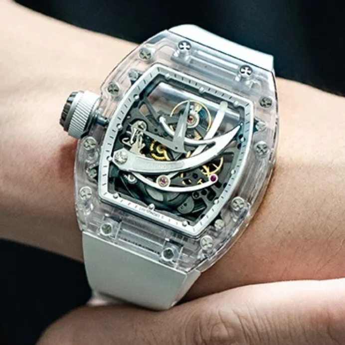 CRONUSART Men Automatic Watch Tonneau Mechanical Wristwatch Sapphire Case & Mirror Luminous 50m Waterproof Skeleton Blade Dial