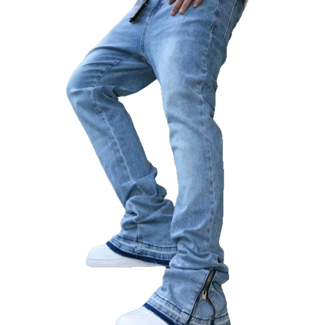 Mens Washed Light Blue Jeans Loose Straight Leg Bell Bottom Pants High Street Fashion Casual Trousers view 5