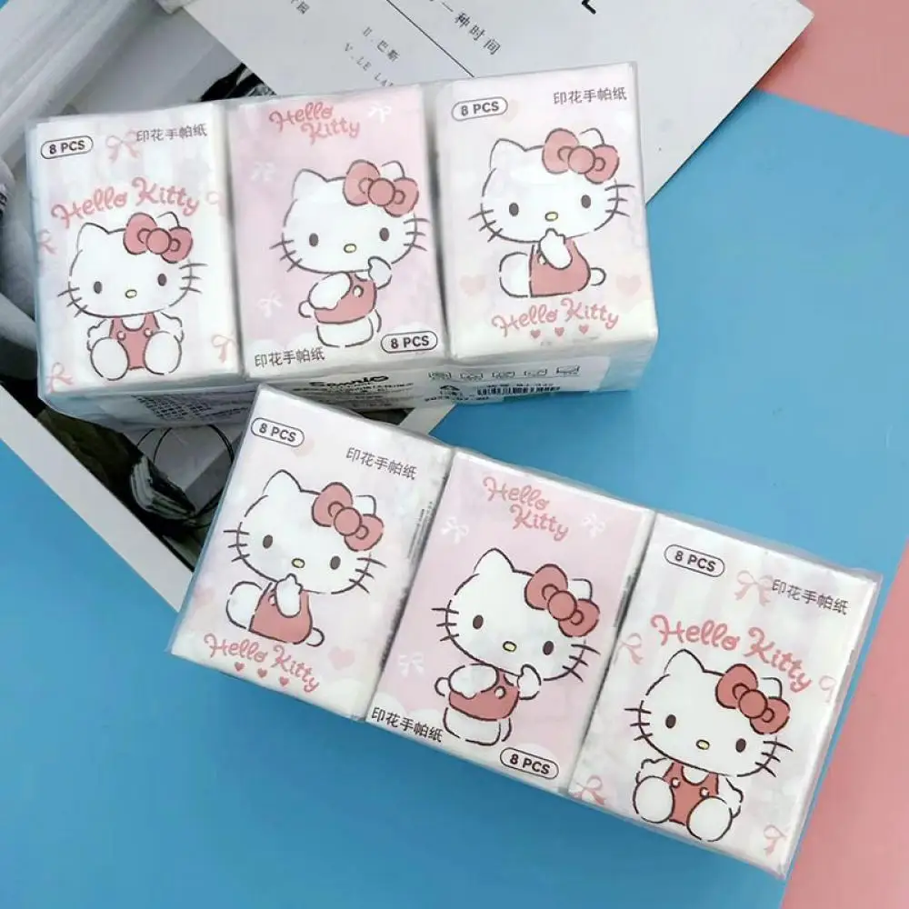 Kawaii Hello Kitty Handkerchief Paper Cartoon Sanrio Pochacco Kitty Printed Napkins Portable Small Pocket Tissues Facial Paper