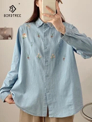 New Autumn Cotton Embroidery Denim Shirt Women Lapel Collar Top Girl Long Sleeve Loose Age Reduction Blouse 2024 Spring T3D990QC