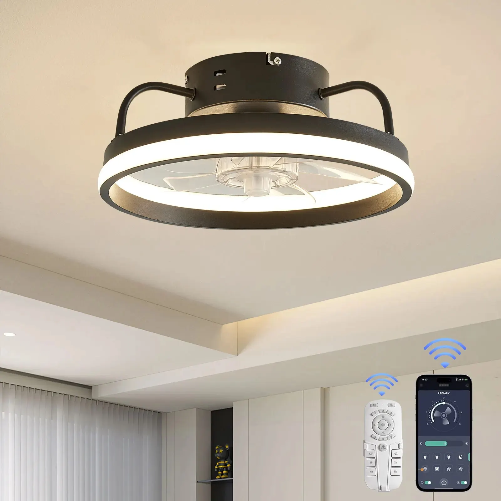 Ceiling Fans with Lights, Flush Mount Ceiling Fan with Lights and Remote, 6 Wind Speed Smart Low Profile Ceiling Fan for Bedroom