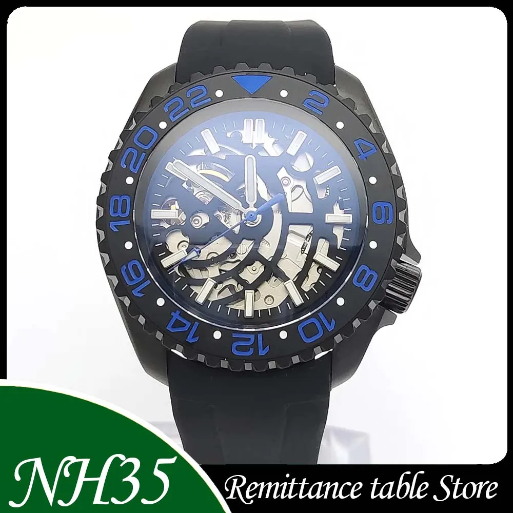 

NH70 мужские черные деловые модные автоматические механические часы со скелетом, сапфировое зеркало, светящийся циферблат