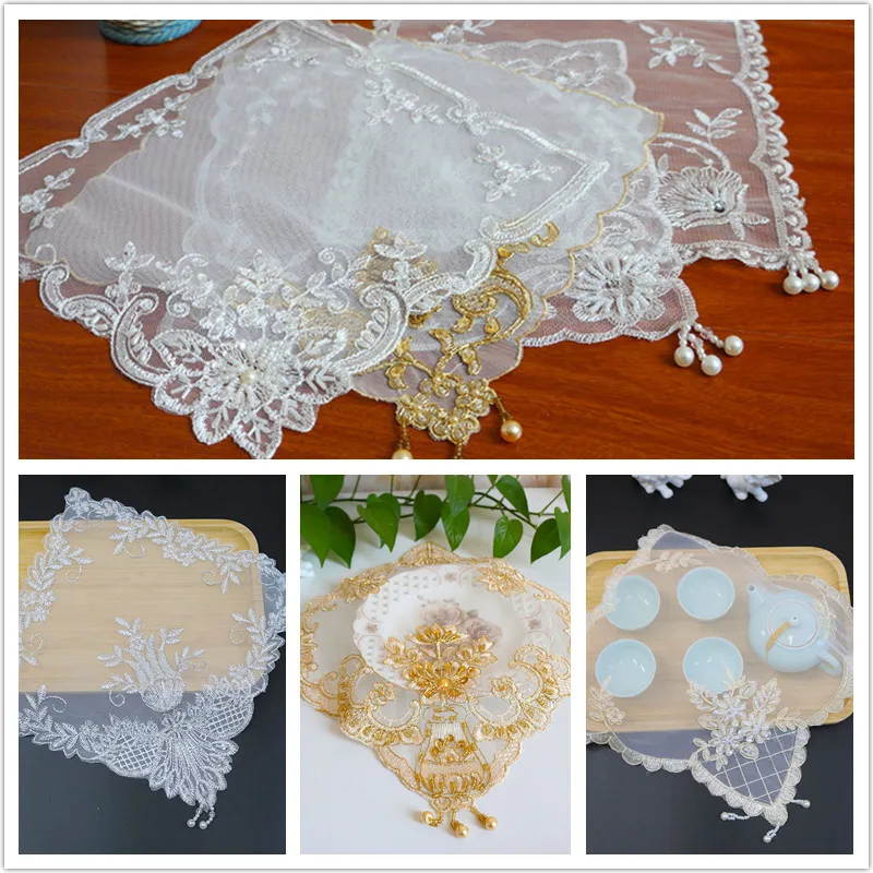 

HOT Exquisite Square Lace Embroidery Hand Beaded European Table Mat Coaster Jewelry Antique Bonsai Pad Wedding Party Decoration