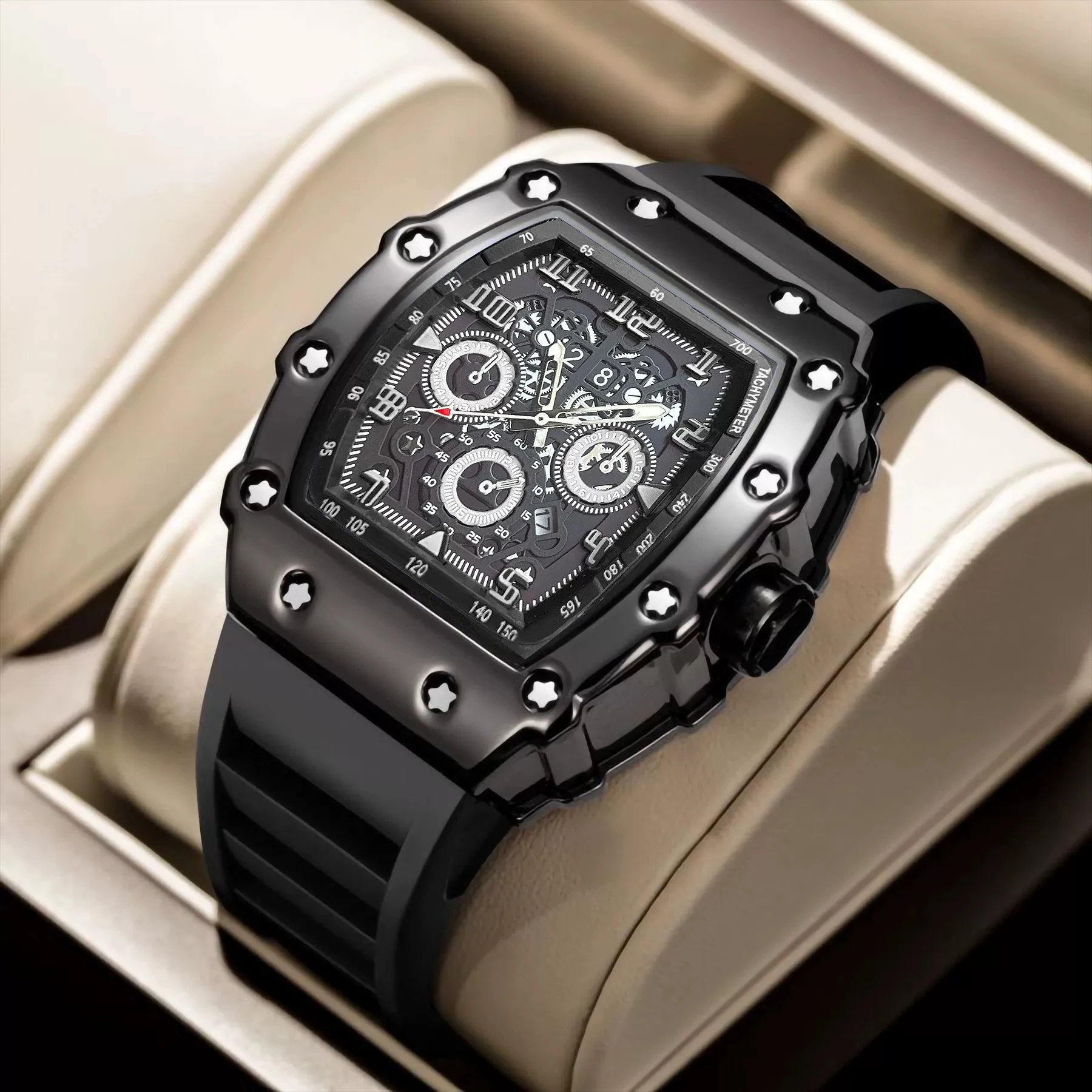 

New Fashion Luxury Man Tonneau Watch Men Business Silicone Casual Quartz Watches Relogio Masculino Male Date Wristwatches Clock
