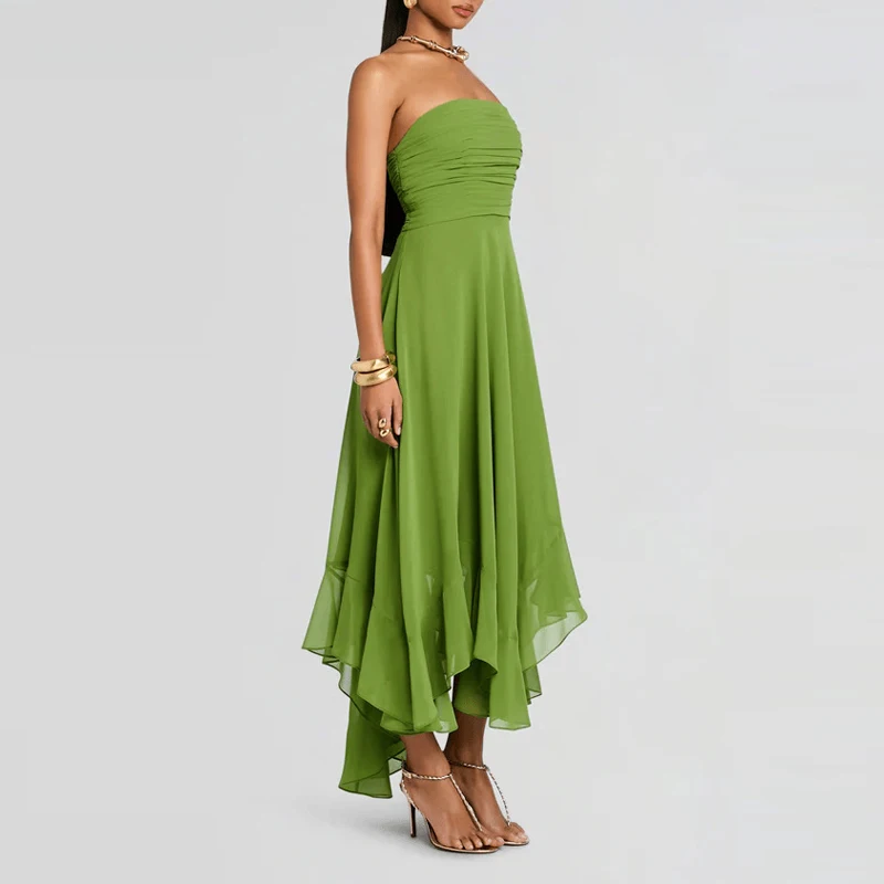 

2026 Summer Bohemian Long Dress Spring Elegant Solid High Waist Irregular Dress Women Sexy Strapless Backless Hollow Party Dress