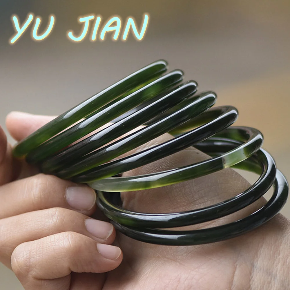 

Exquisite Thin Round Bar Jade Bracelet Rare Natural Texture Green Chalcedony Bangle Quality Elegant Handring Fine Jewelry