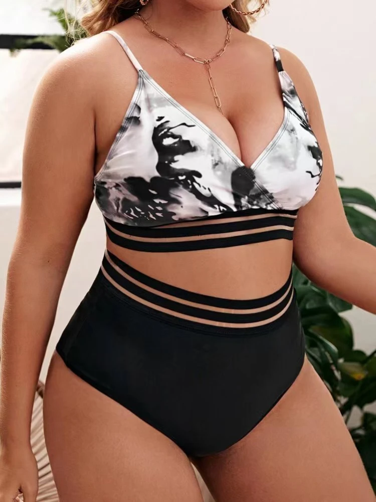 

Plus Size Tie-dye Beach Women's Bikini V-neck Gathered Halter Straps Backless High Waist Female Two-piece Swimsuits 2024 Trendy