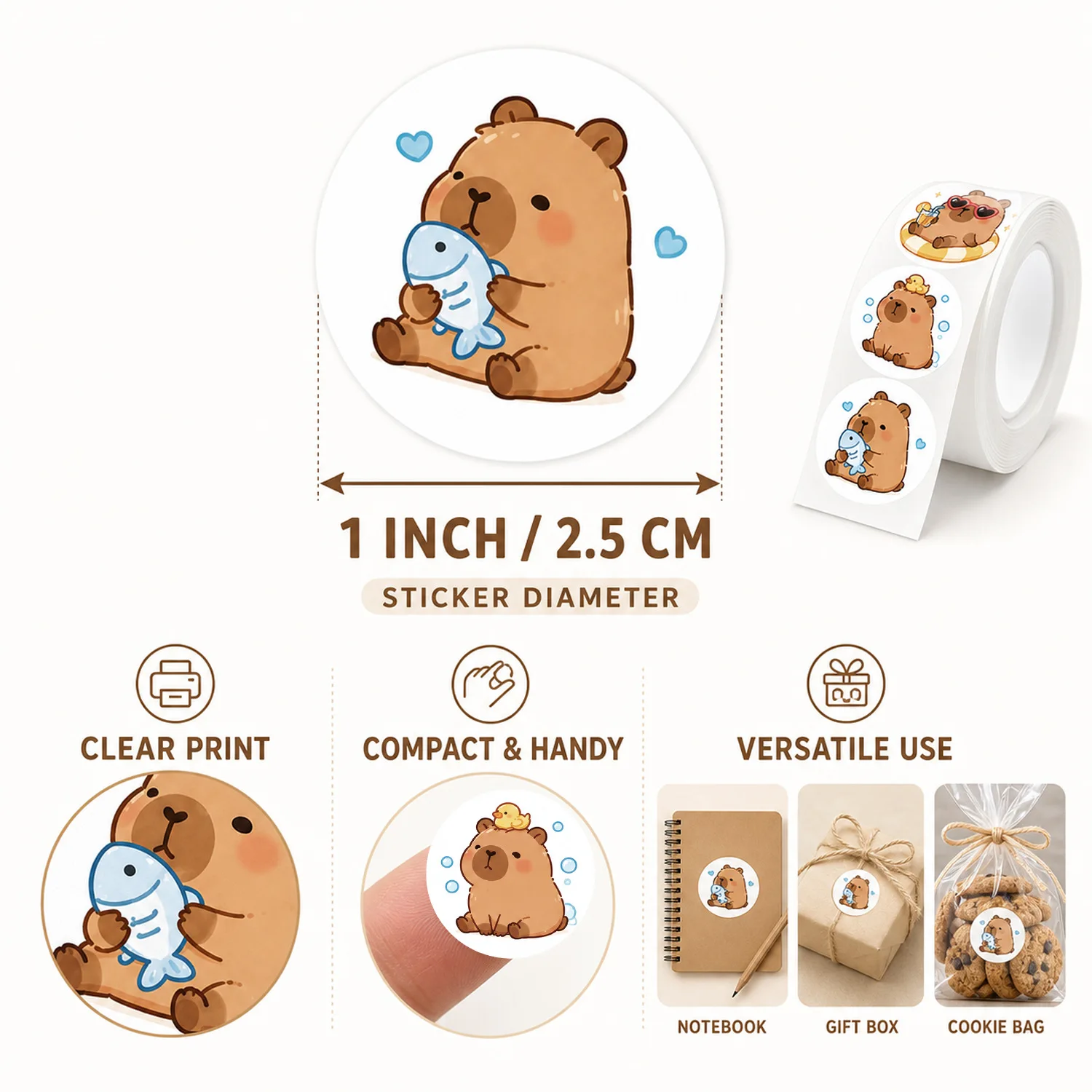 JCAC 500pcs/roll Cute Cartoon Capybara PVC Self-Adhesive Seal Stickers, Gift DIY Packaging Labels view 2