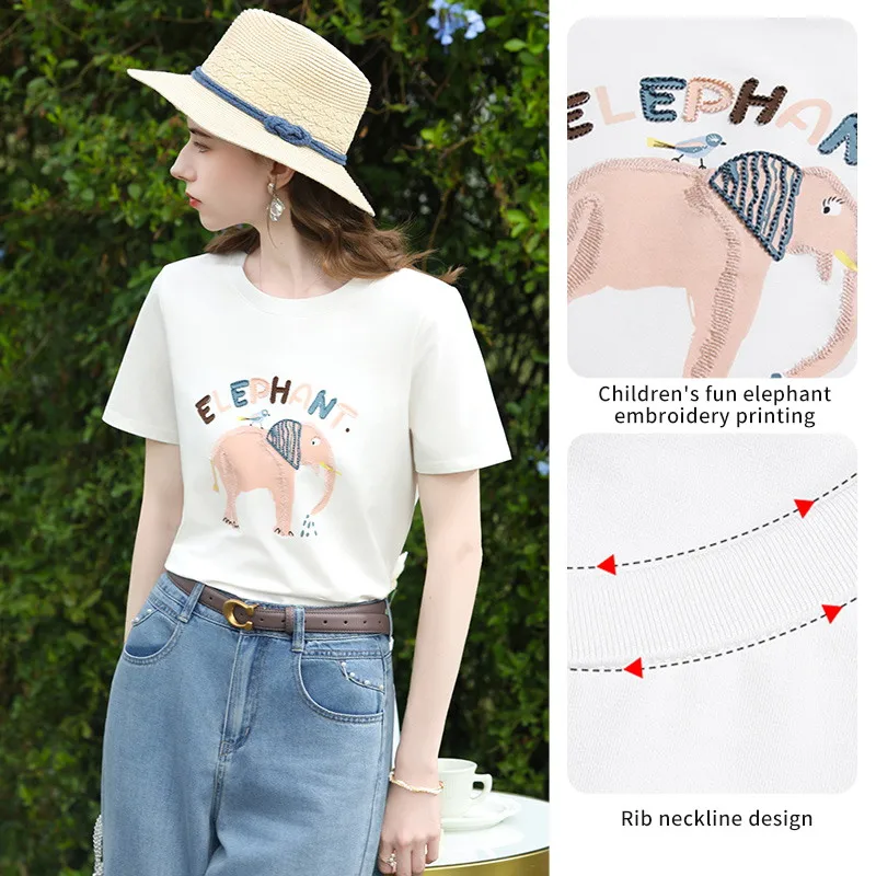 I BELIEVE YOU Short Sleeves Round Neck T-Shirt 2026 Summer New Fun Cartoon Elephant Embroidered Casual Top For Women 2261016233