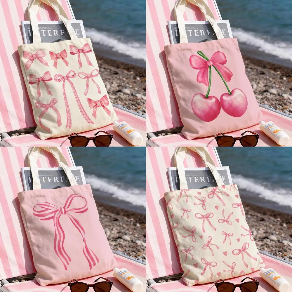 Pink Bow Watercolor Clipart Storage Bags Storage Bags Canvas Tote Bag Large Capacity Shoulder Fashion Eco Shopping Handbag