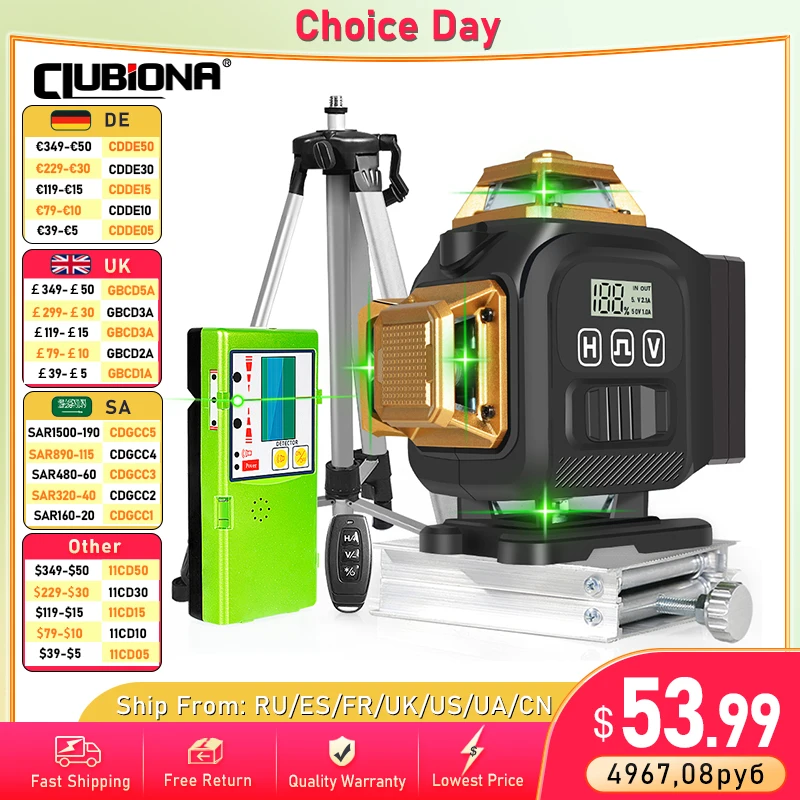 

Clubiona 4D 16 Lines Laser Level Cross Line 360 Self-Leveling Horizontal And Vertical Super Power Green Beam construction laser