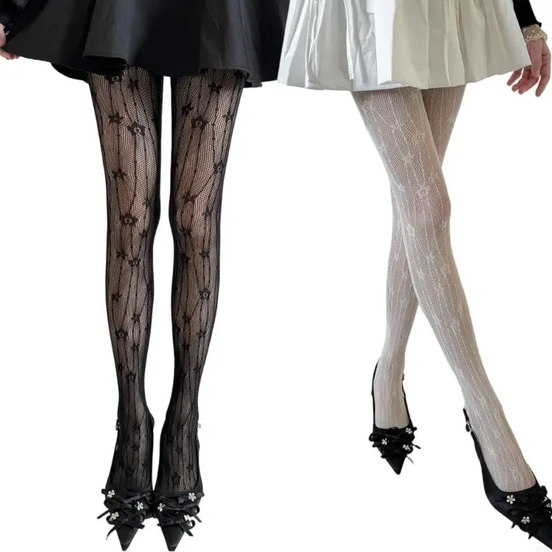 

X7XE Aesthetic Pantyhose Flower Striped Pattern Mesh Tights Stockings Leggings