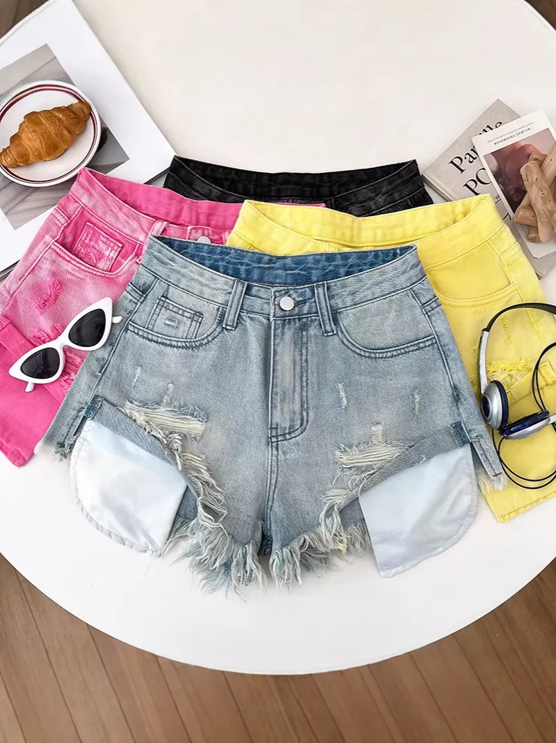 Women Multi Color Ripped Denim Shorts High Waist Frayed Raw Hem Distressed Summer Jean Hot Pants