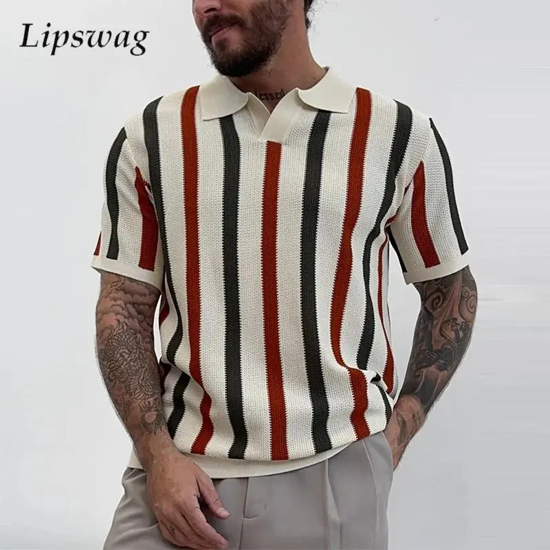 

New Casual Striped Polo Shirts Mens Spring Summer Fashion Turn-down Collar Knitting Polos Men Tops Vintage Slim Short Sleeve Top